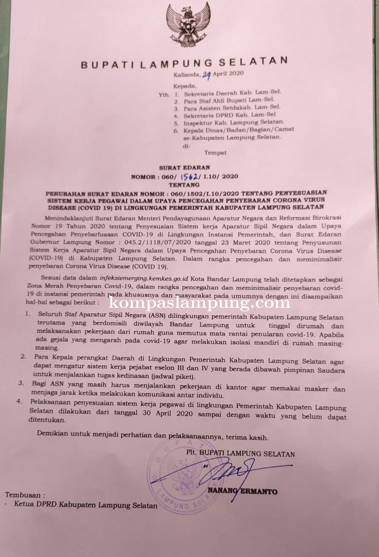 Bupati Lampung Selatan Mengeluarkan Surat Edaran Terkait Penyesuaian Sistem Kerja ASN